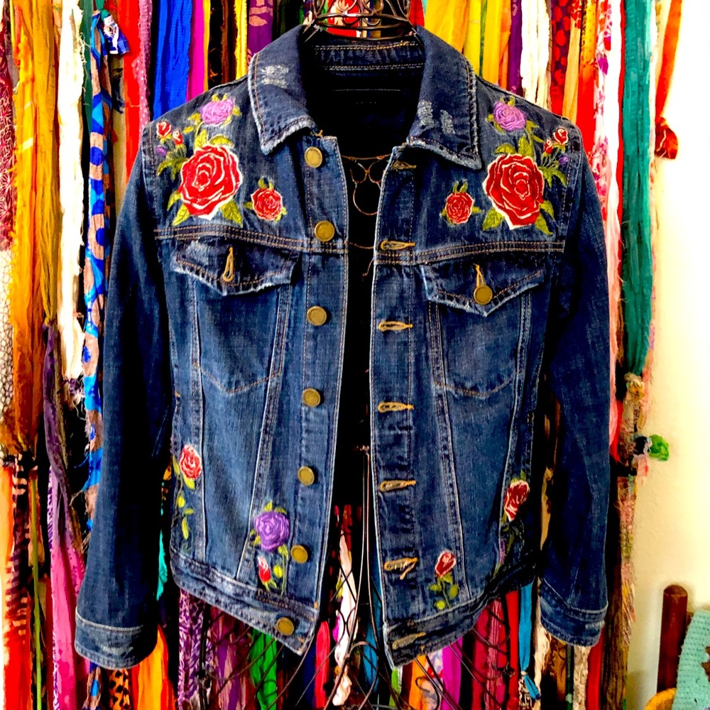 BLANKNYC Womens Jean Jacket Blue Multicolor Floral Short Cropped Buttons…